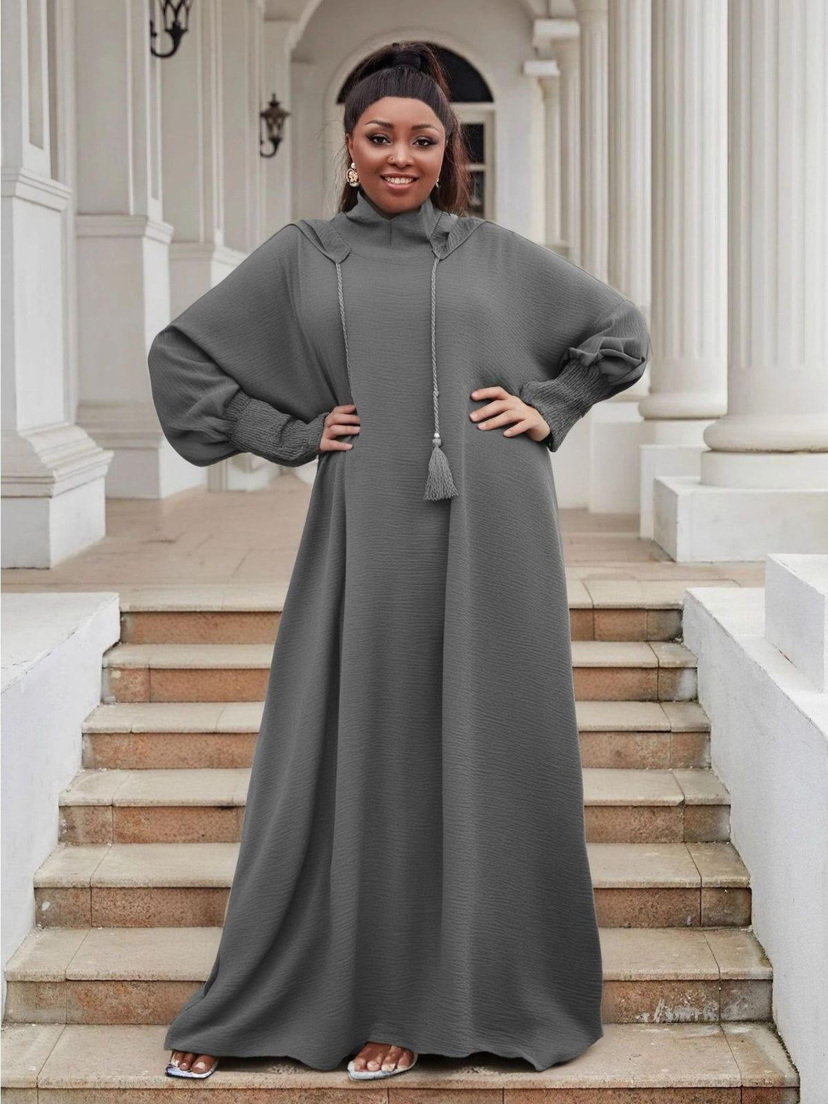 Plus Size Women's Hooded Long Sleeve Abaya - Oversized Loose Fit Solid Color Casual Elegant Gown, Machine Washable All-Season Comfort for Casual Attire, Leisure Outfit