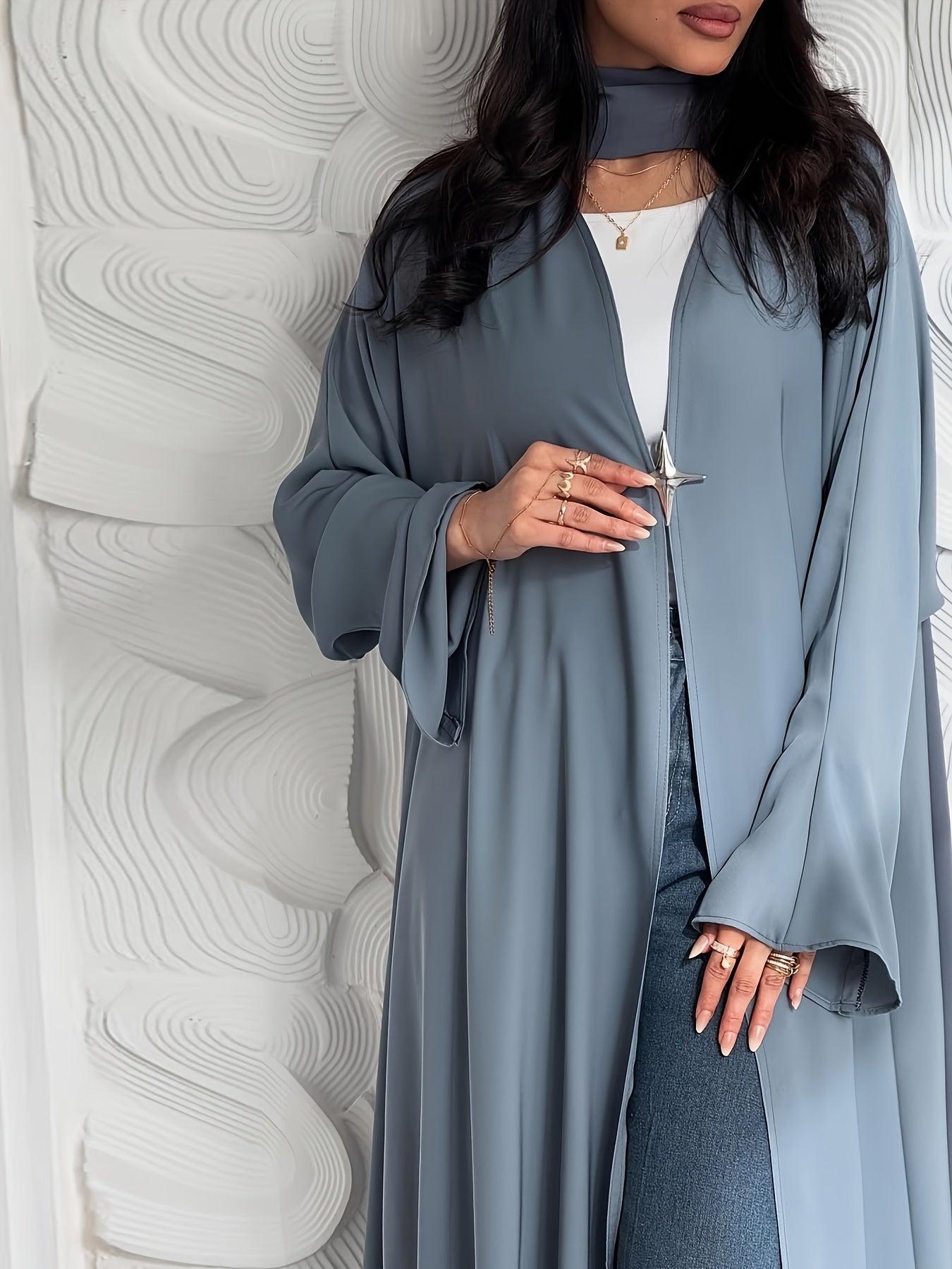 1pc Women's Muslim Fashion Drape Satin Open Cardigan, Casual Fine Fabric, Elegant Craftsmanship, Sophisticated Texture, Stylish and Generous Long Abaya Robe