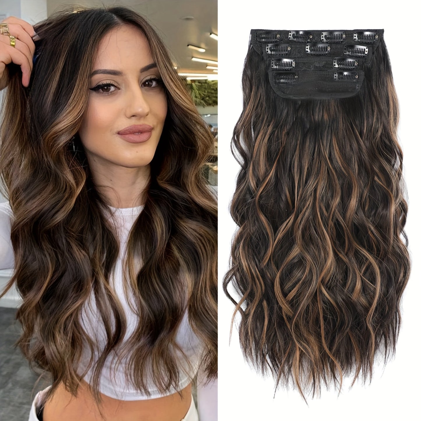 4pcs Clip In Hair Extensions, Long Wavy Synthetic Hair Extension Clip In, 20 Inches Synthetic Soft And Natural Thick Hair Pieces