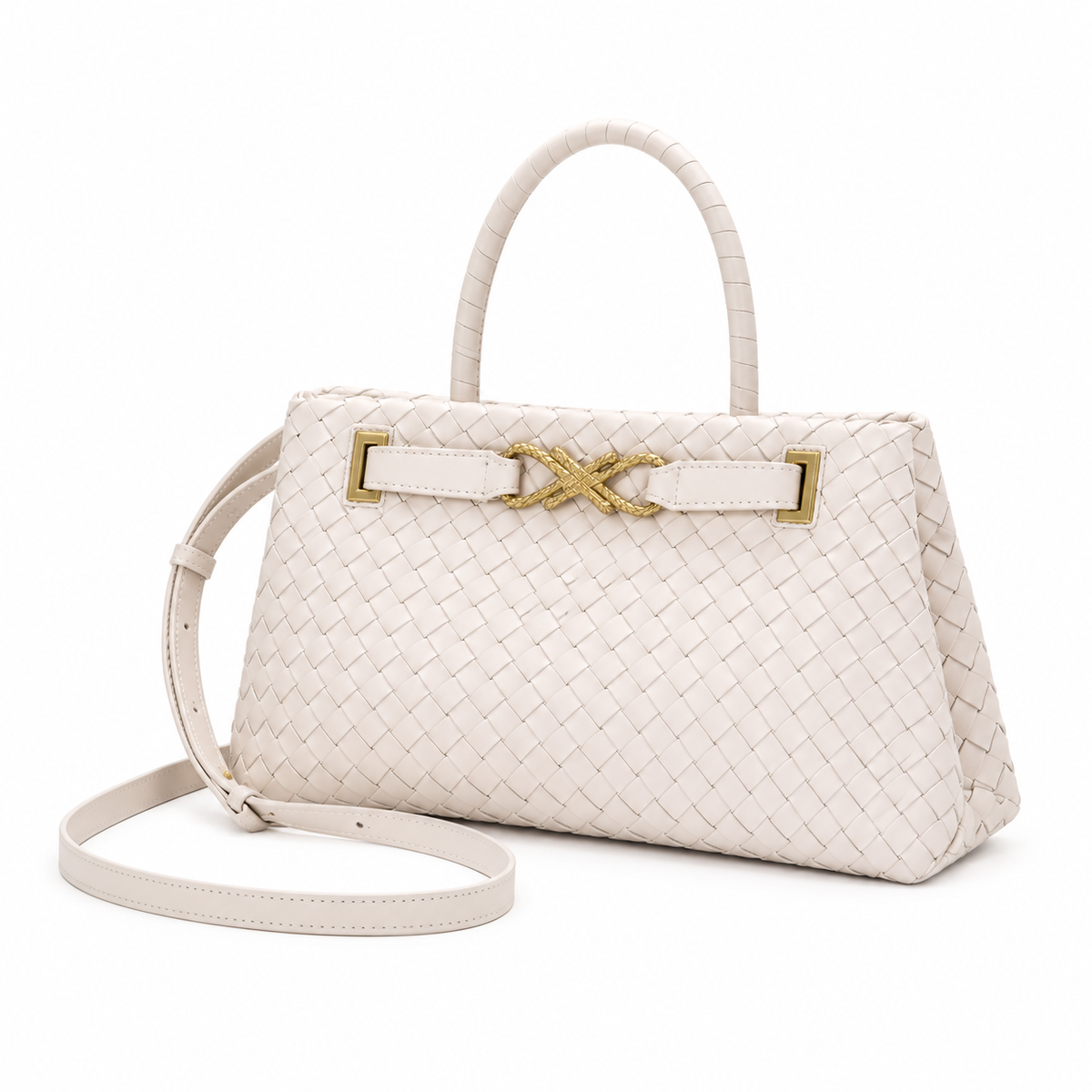 Elegant Ivory Woven Handbag Gold Accents