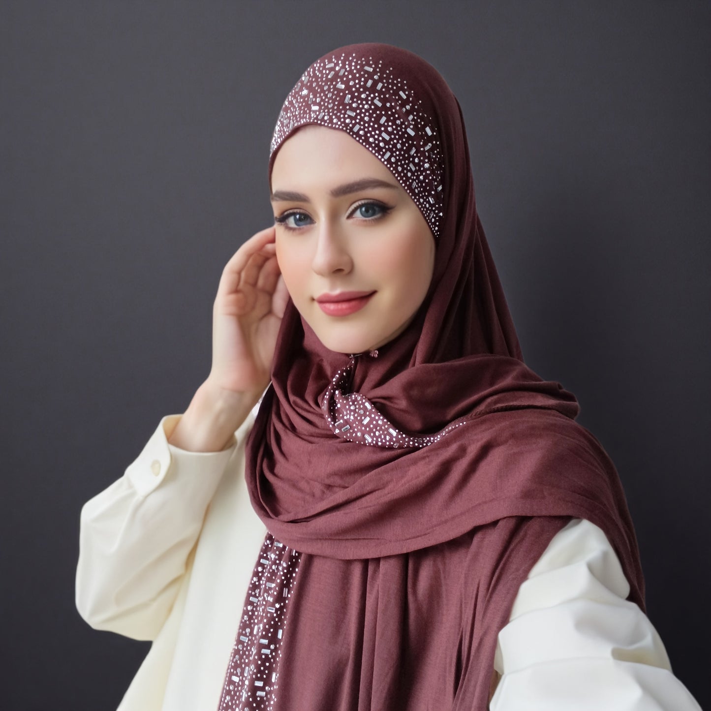 Elegant Black Stretch Bamboo Jersey Hijab Scarf Shawl for Women | Elastic Soft Large Headscarf with Sparkling Rhinestone Trim, Hand Washable Muslim Woven Head Cover & Hair Accessory, Modest Fashion