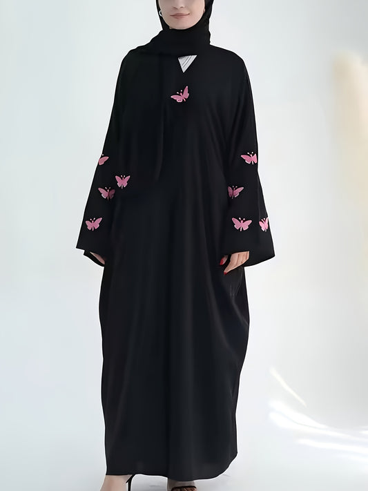 Oriental Women's Elegant Solid Color Embroidered Butterfly Batwing Sleeve Abaya, Saudi Dubai Loose Fit Black Satin Open Front Bathrobe, Casual Long Robe Dress 1pc Outerwear for Daily Wear and Festivals