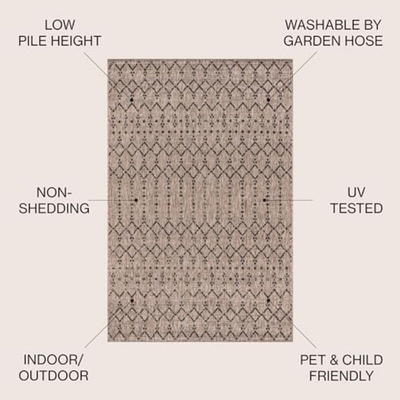 Moroccan Geometric Textured Weave Indoor Outdoor Area Medium Rugs Bohemian Rustic Scandinavian Easy Bedroom Kitchen Backyard Patio Non Shedding Natural Black 8 X 10