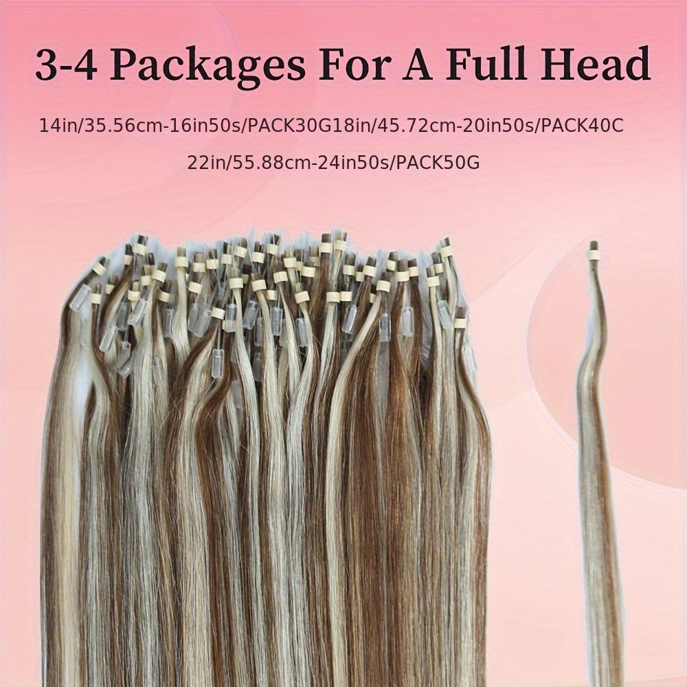 50 Strands of DNE Hair Microlink Human Hair Extensions Ranging from 14 to 24 Inches in Light Brown And Blonde, Featuring Straight Hair with Cold Fusion Micro Loop Invisible Seamless Bead Extensions Designed for Women. Made fr