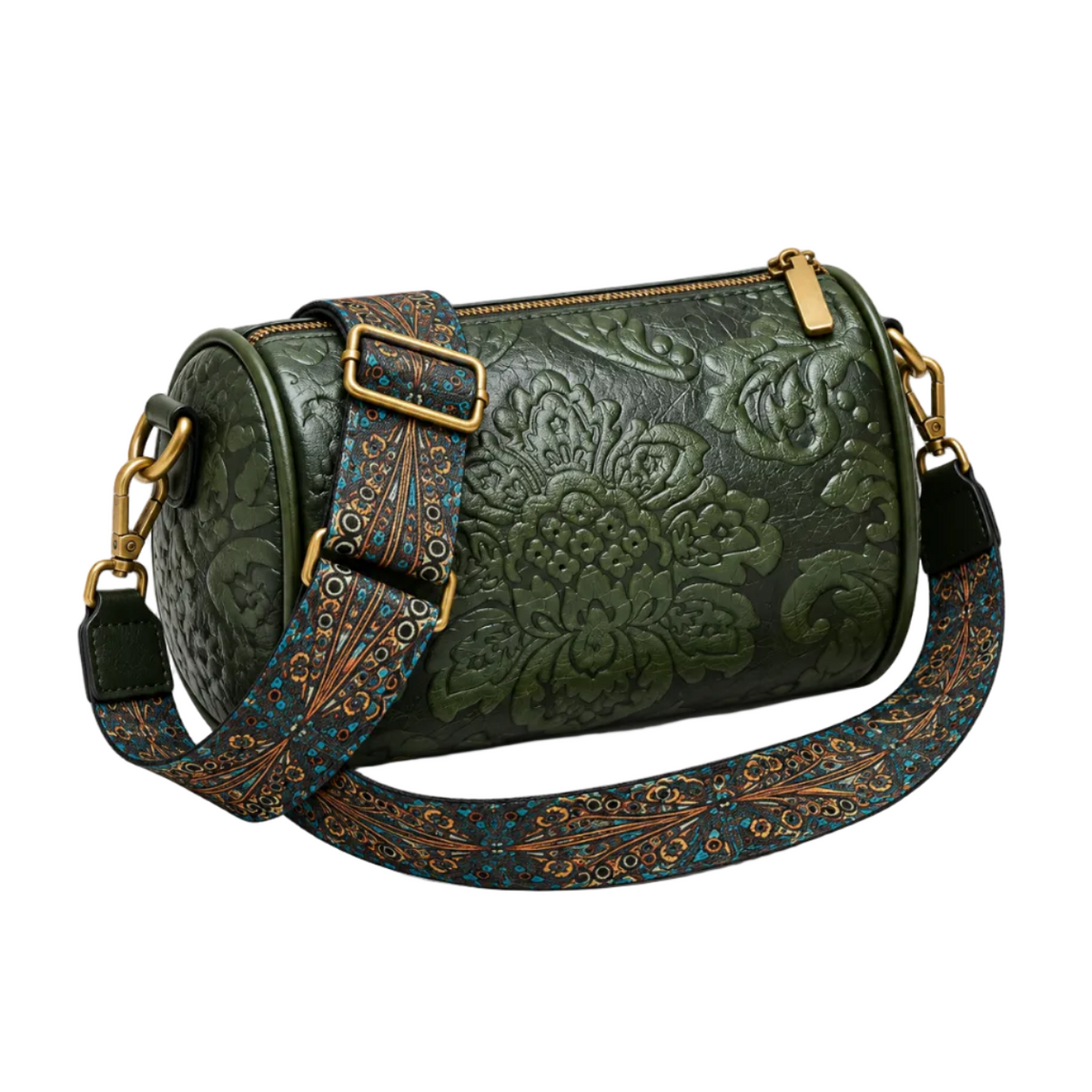 Olive Green Embossed Barrel Vintage Crossbody Bag