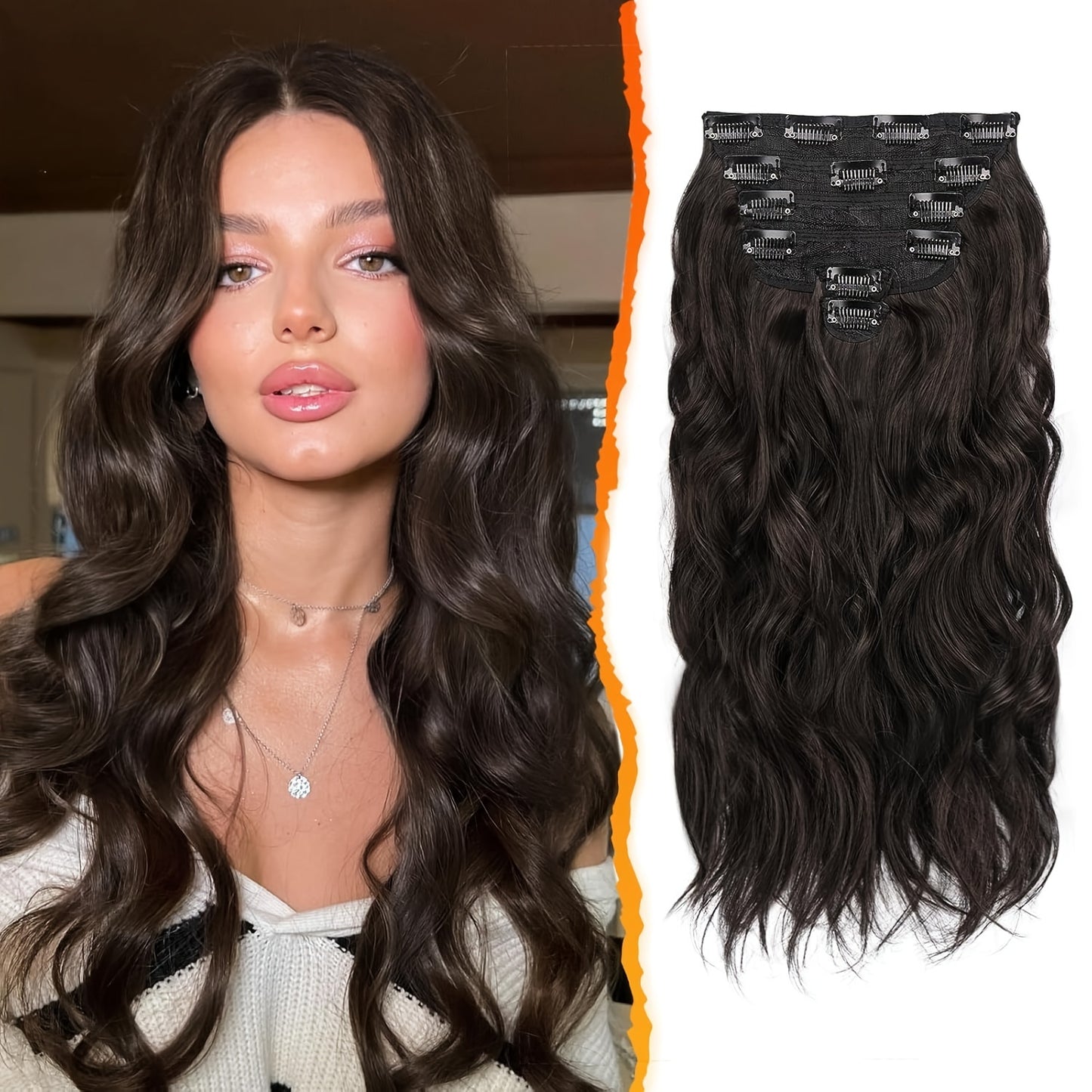 BARSDAR Wavy Clip In Hair Extensions - 16 Inch Copper Clip In Hair Extensions For Women - 6pcs Full Head Thick Soft Synthetic Clip In Hairpieces Daily Party Halloween