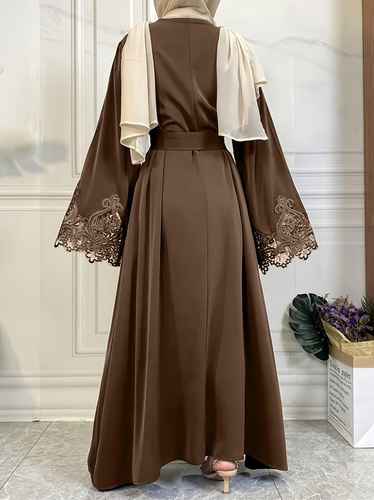 Middle Eastern Style Brown Women's Turkish Abaya Robe | Machine Washable Solid Lace Trim & Tie-Front Closure, All-Season Modest Dress for Casual & Formal Wear, Formal Cover Clothing