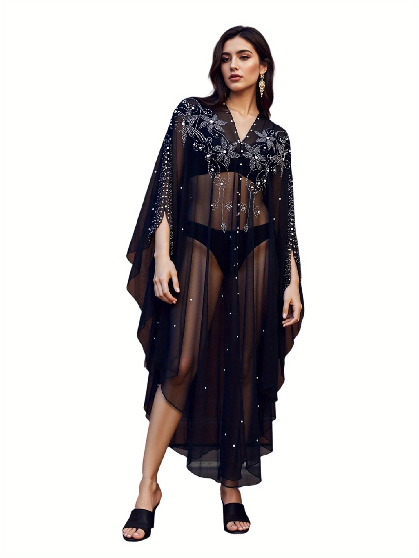 Women's Autumn Long Kaftan Dress Long Bat Sleeve Hooded Rhinestone Cape Abaya Arab Dress