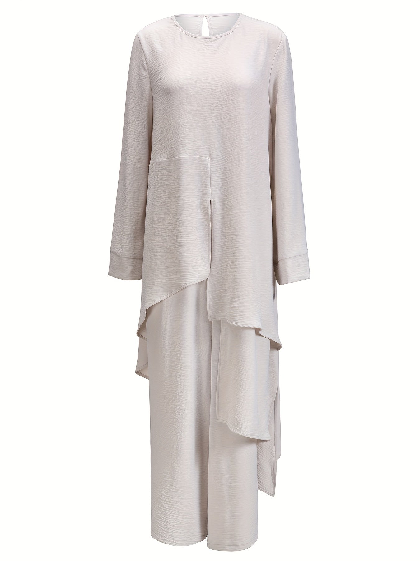 Ramadan Elegant Solid Color Muslim Two-Piece Set,Jilbaab Abaya Top and Straight-Leg Pants, Casual Women's Outfit (Headscarf Not Included)