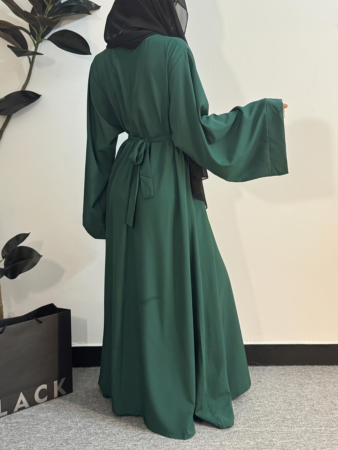 Women's Long Polyester Palestinian Abaya Kaftan with Belt - 100% Polyester, Solid Color, Regular Long Sleeve, Loose Fit, H-Contour, Woven, Non-Stretch, All Seasons, Full-Length Islamic Prayer Dress