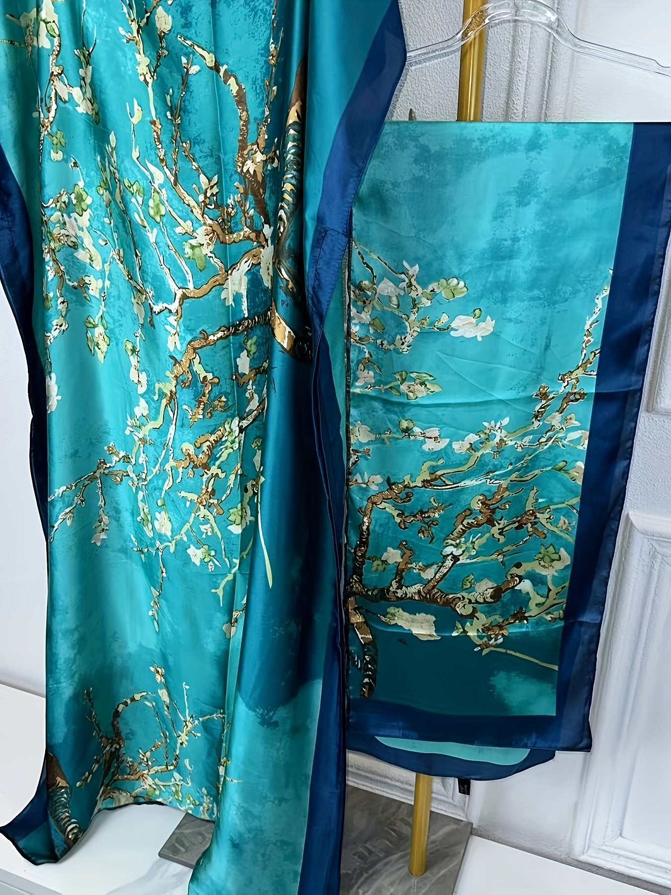 Tree Print Crew Neck Kaftan Abaya, Elegant Batwing Sleeve Loose Fit Maxi Dress With A Hijab, Women's Clothing