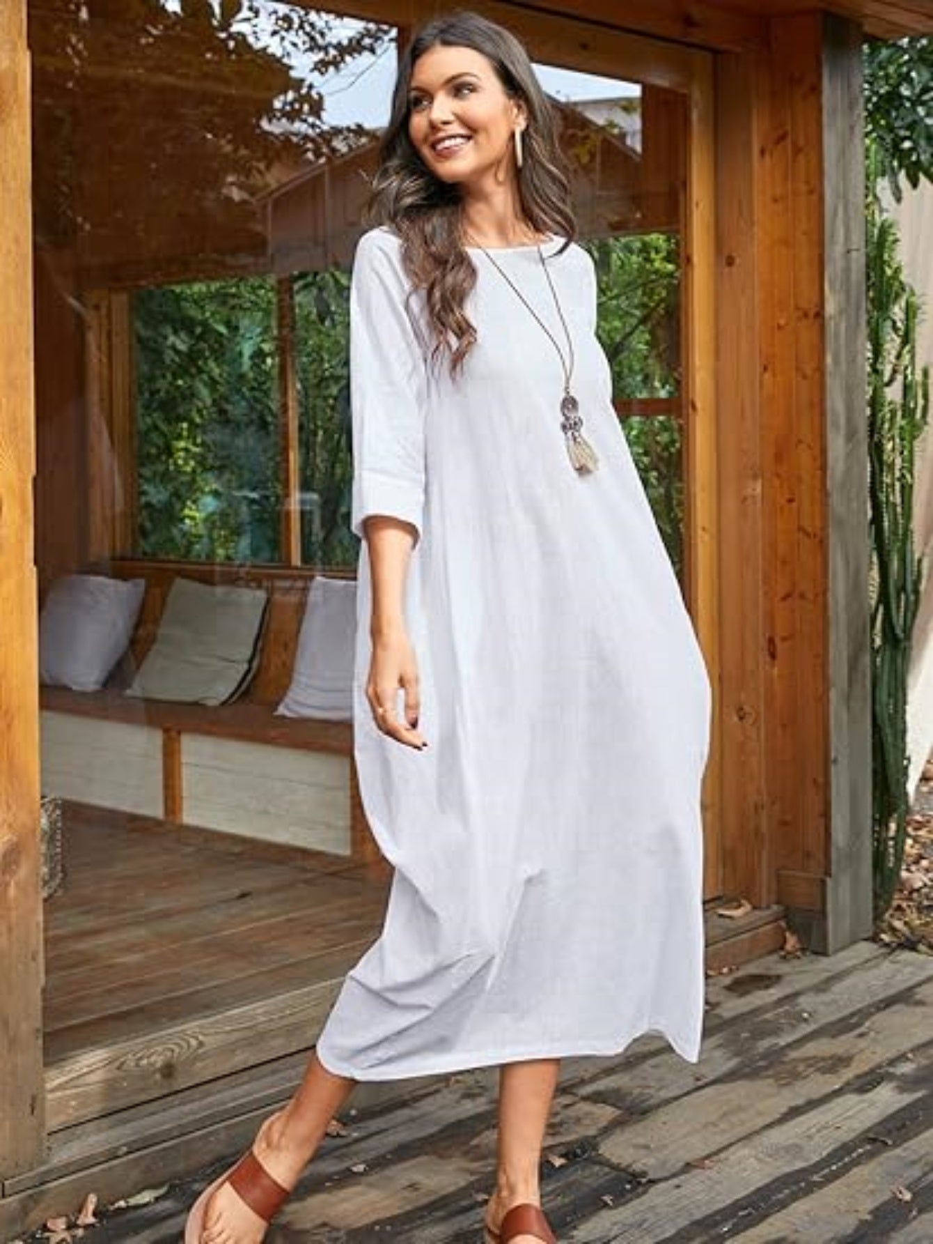 Women'S Elegant Long Dress Caftan Gown - Flowy A-Line Maxi Dress, Soft Everyday & Formal Outfit for Women, All-Season Casual to Formal Events, Versatile Clothing, Round Neckline, Comfortable Wear, Event Attire, Simple Design,