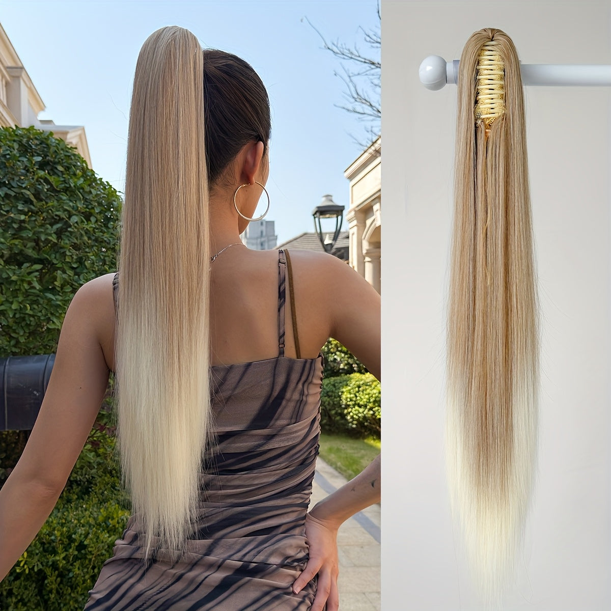 [YUSULAXI Ombre Hair Extension] YUSULAXI 26" Long Straight Heat-Resistant Synthetic Hair Ombre Black to Brown Claw Clip Ponytail Extension - Voluminous Texture for Women's Daily Use