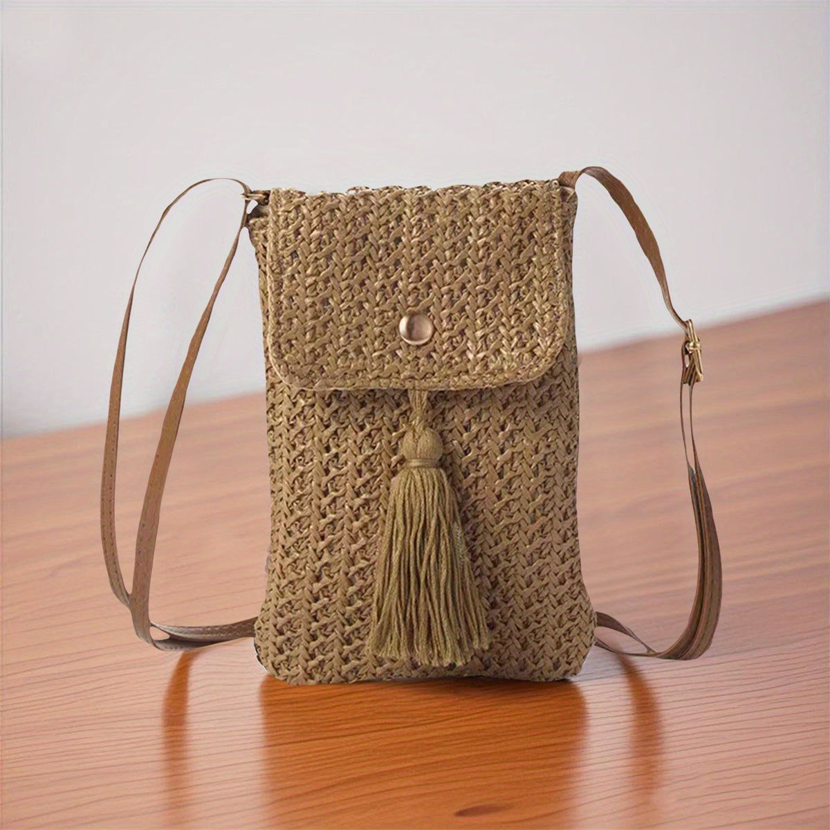 Women's Chic Beige Woven Crochet Crossbody Bag with Adjustable Strap, Tassel Detail & Magnetic Closure - Lightweight Fabric Phone Purse