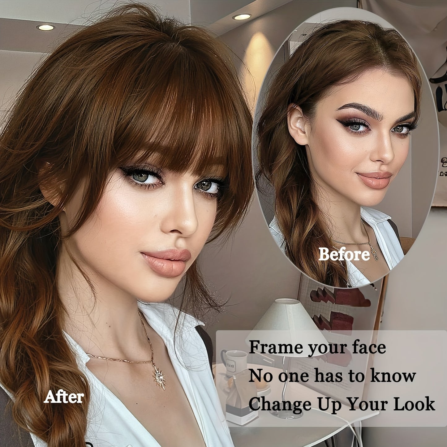 1pc Women'S Natural Brown Human Hair Clip-In Bangs Wig - Soft Wavy with Straight Ends, Secure Clip-In Design, Natural Hairline & Easy Wear