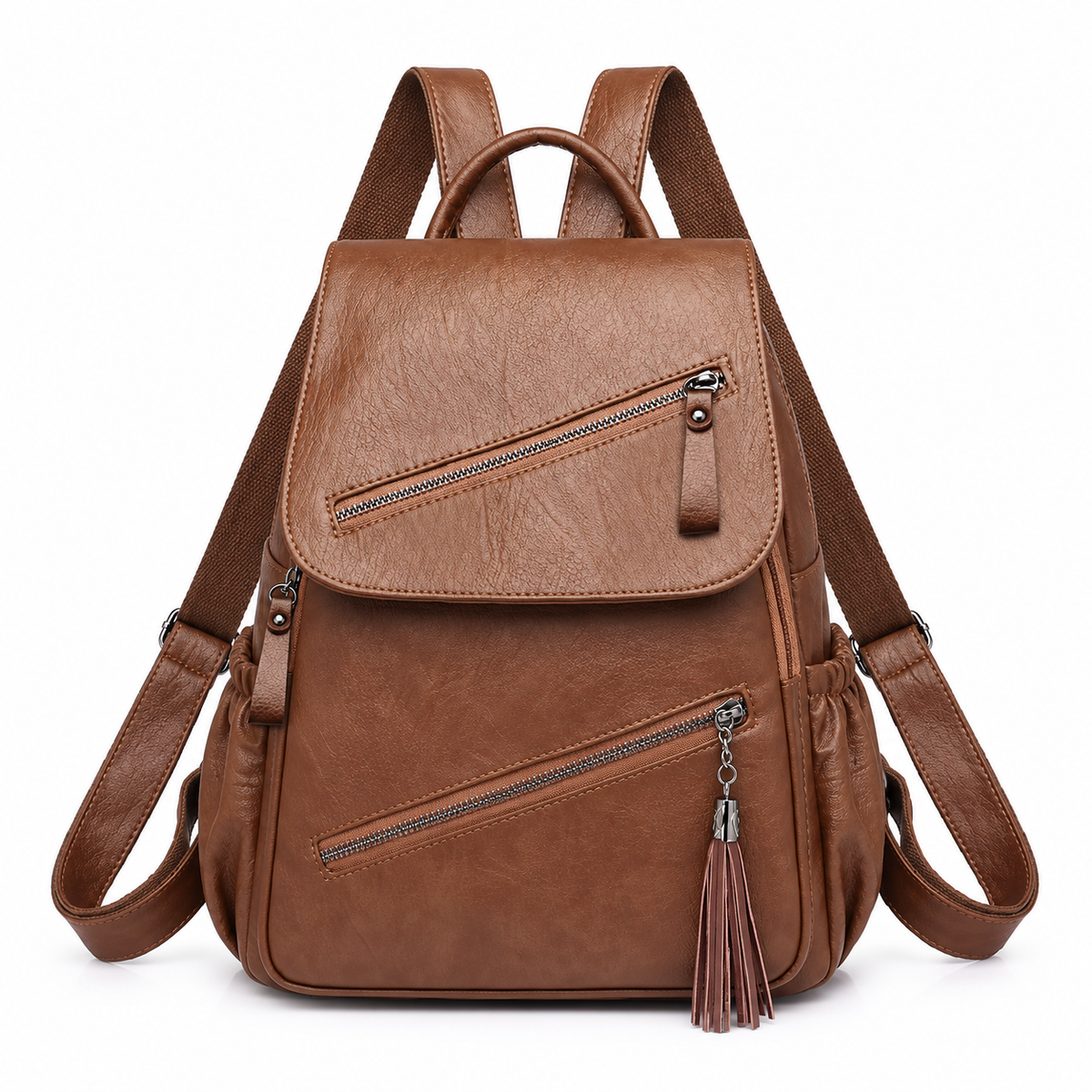 Brown Textured Backpack With Tassel Detail
