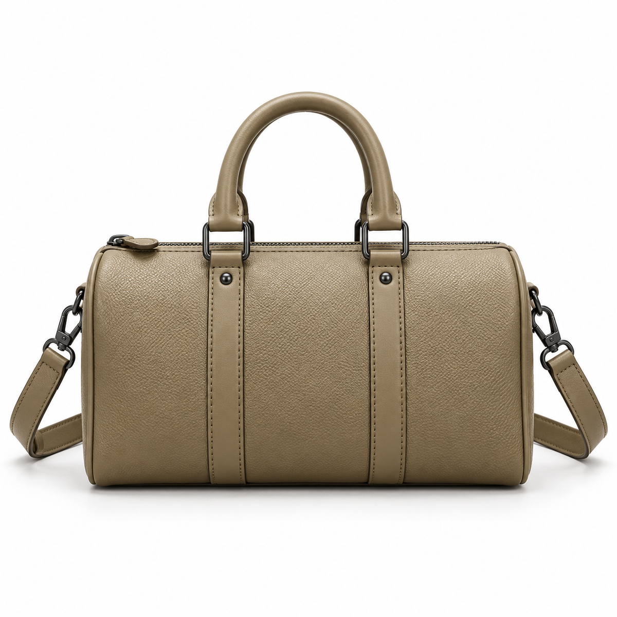 Khaki Textured Boston Bag With Strap