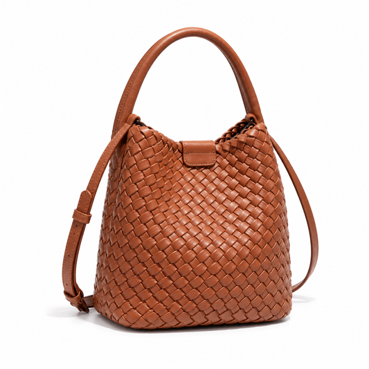 Elegant Brown Woven Bucket Shoulder Bag
