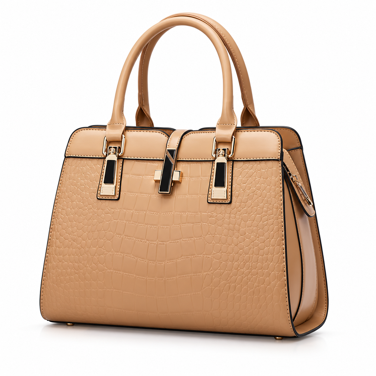 Elegant Camel Crocodile Embossed Structured Handbag
