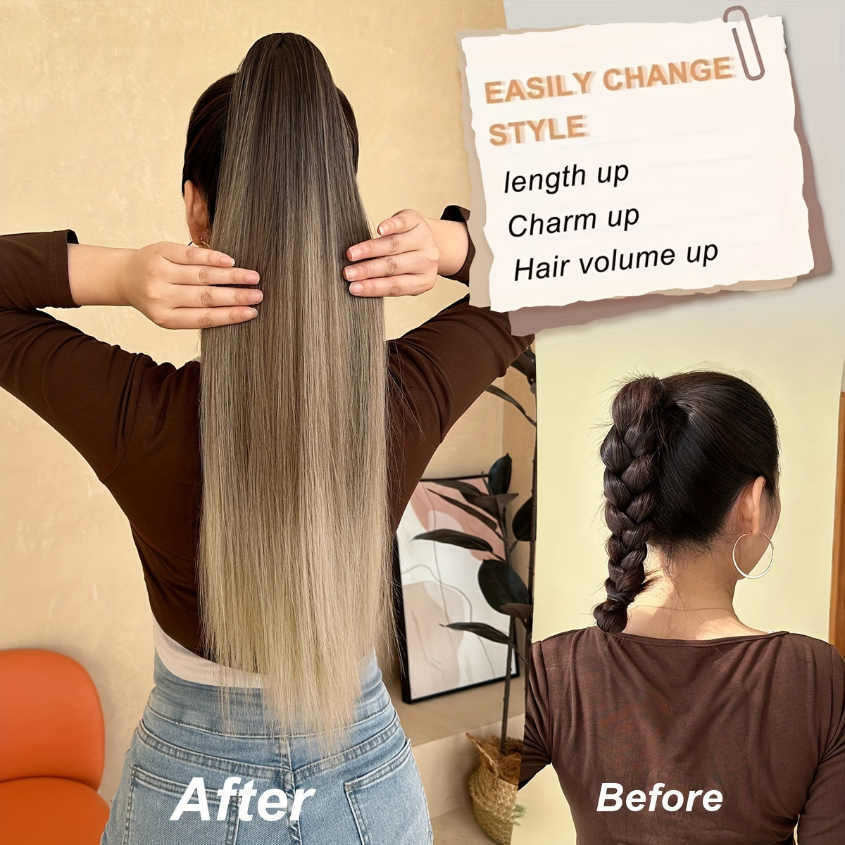[YUSULAXI Ombre Hair Extension] YUSULAXI 26" Long Straight Heat-Resistant Synthetic Hair Ombre Black to Brown Claw Clip Ponytail Extension - Voluminous Texture for Women's Daily Use