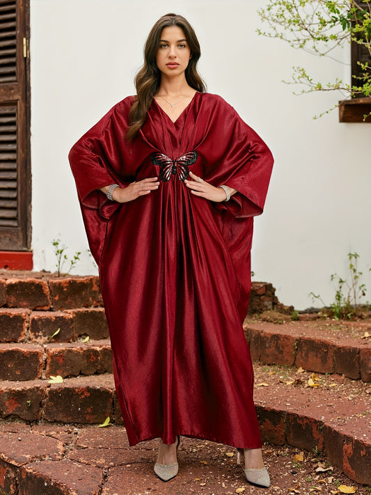 Elegant Red V-Neck Turkish Kaftan Dress with Butterfly Sequin Embroidery & Ruched Hem - Long Sleeve Loose Fit Middle Eastern Abaya for Women, Summer Coverup