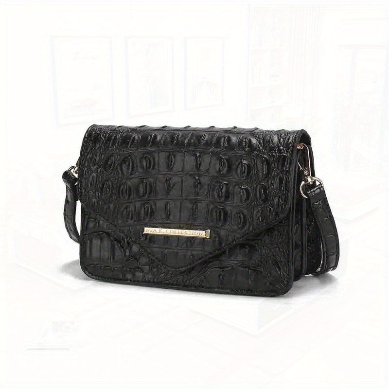 Saddle Croc-Embossed Leather Crossbody Shoulder Bag - Top-Grain Genuine Leather, Detachable Strap, Zipper Closure
