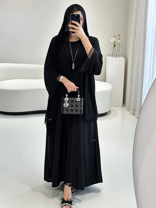 Women's Lightweight Breathable Black Abaya - Open Front Long Tunic with Golden-Tone Button Details, Casual Middle Eastern Dress for All Seasons, No Headscarf or Underwear Included
