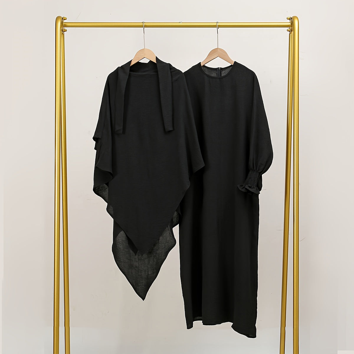 2pcs Elegant Black Polyester Hijab Robes with Pleated Sleeves - Breathable, Sun-Protective, and Stylish Khimar Abaya for Women, Perfect for Outdoor Wear, Hijab Scarf