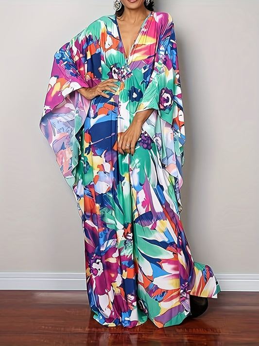 Women Ethnic Print Kaftan Beach Dress Plus Size Swimsuit Cover Up