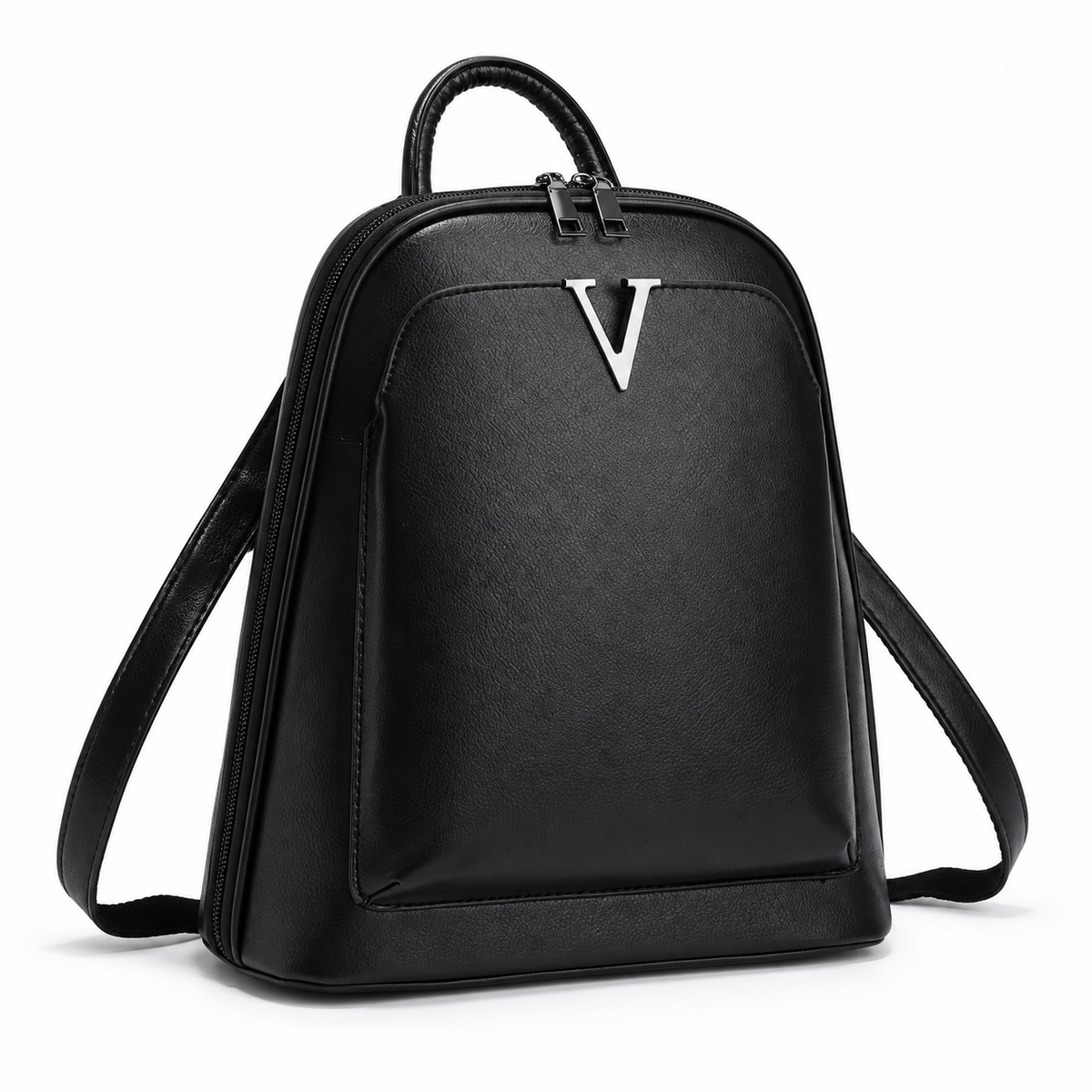 Black Textured Backpack With Silver Emblem