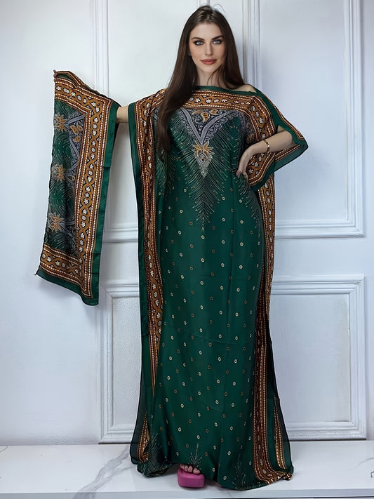 Print Abaya | Women's Clothing | Elegant Short Batwing Sleeve Kaftan | Loose Dress With Scarf | For Spring & Summer