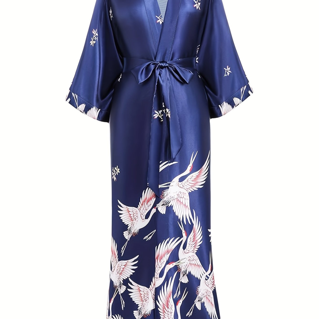 Long Kimono Robe Satin Sleepwear Blouse Bathrobe Nightgown Floral Crane Kimono Cardigan Robe