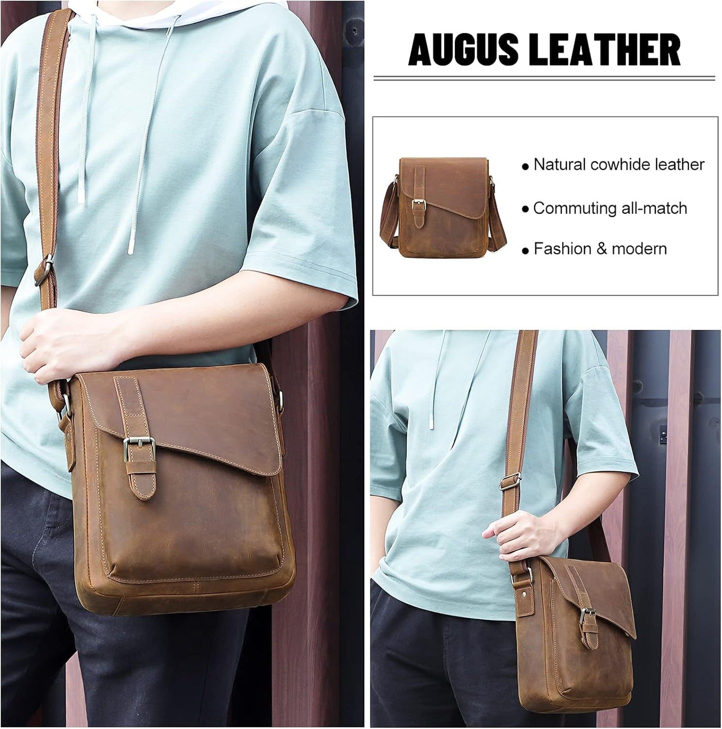 Vintage Leather Messenger Bag for Men & Women - Adjustable Crossbody Shoulder Bag with Multiple Compartments, Front Flap Closure & Top Handle
