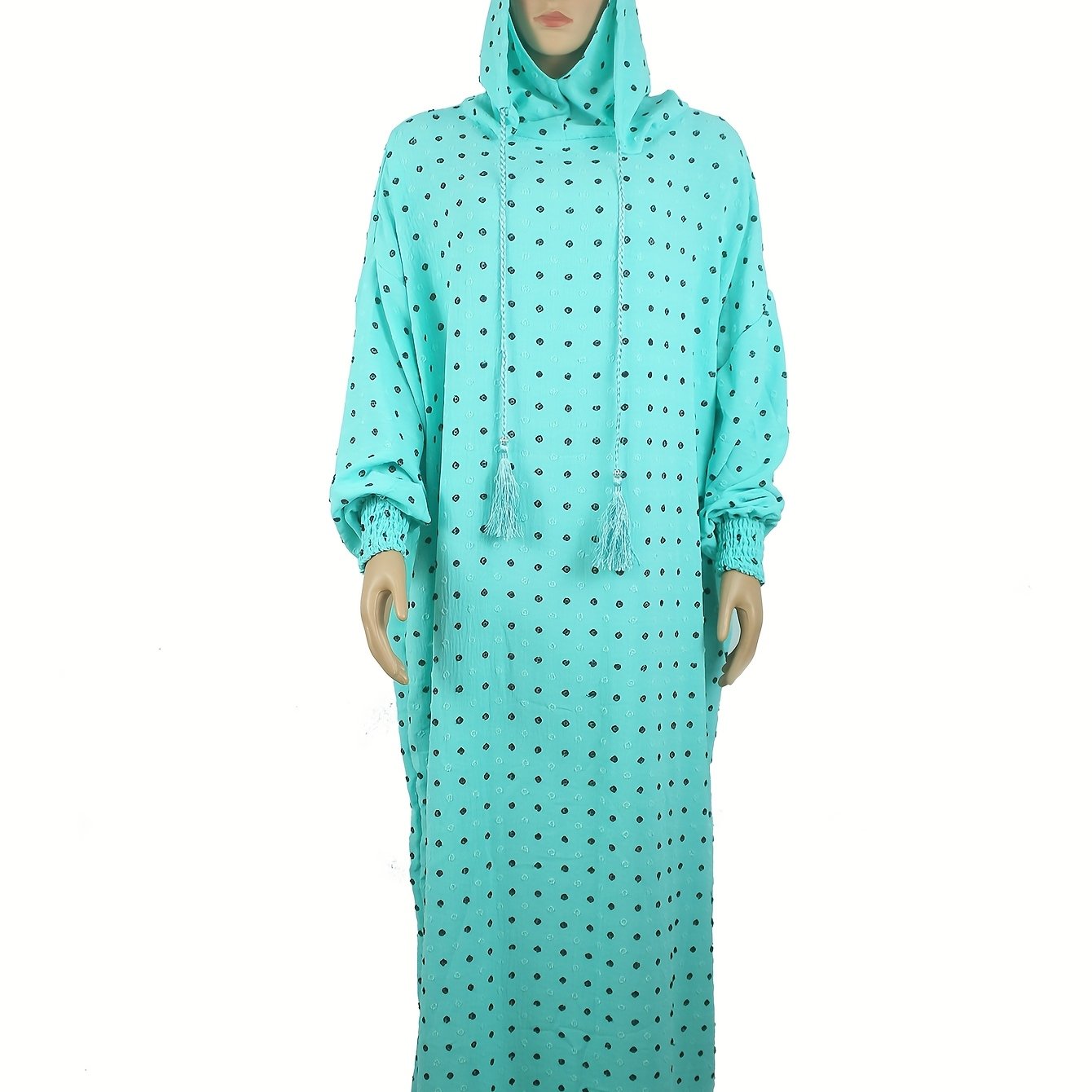 Plus Size - Elegant Plus Size Abaya with Hood - Loose Fit, Long Sleeve, Polka Dot Design, Drawstring Neck, All-Season Wear, Casual Weekend Dress for Muslim Women, Casual Wear Abaya