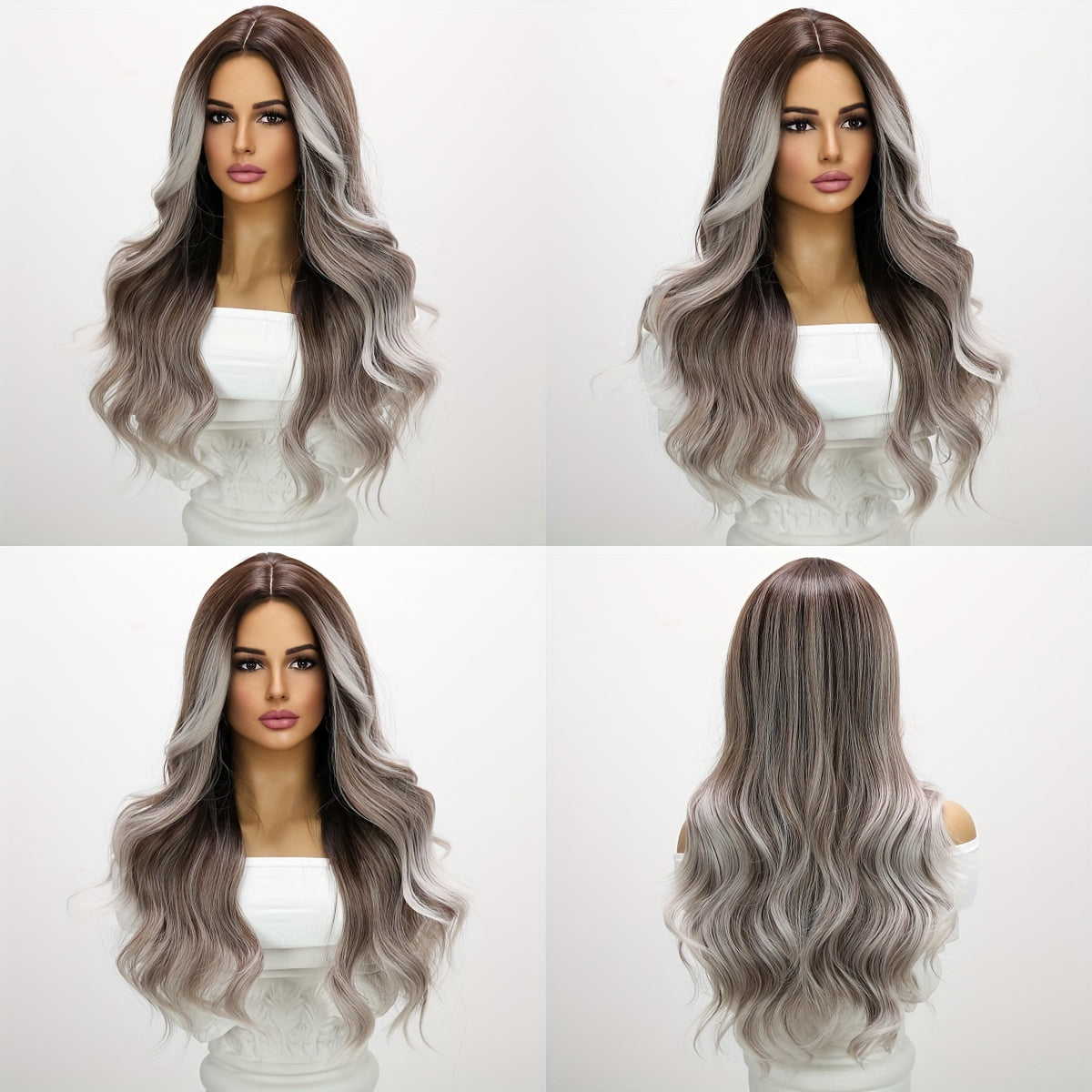 24-Inch Wavy Balayage Wig Featuring an Ash Brown to Grey Ombre, Made from Heat-Friendly Fibers, with an Adjustable Rose Net Cap, Offering a Appearance Suitable for All Ethnic Backgrounds, Perfect for Parties And Festivals