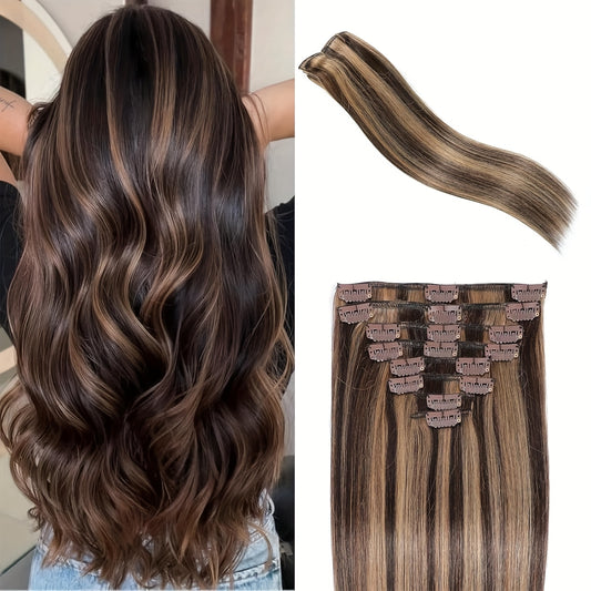Clip In Hair Extensions Real Human Hair Clip In Extensions ForWomen Seamless Balayage Dark Brown To Chestnut BrownStraight Remy Human Clips Ins Extension 8pcs DoubleWeft 14inch-24 Inch 80g-120g #2P6