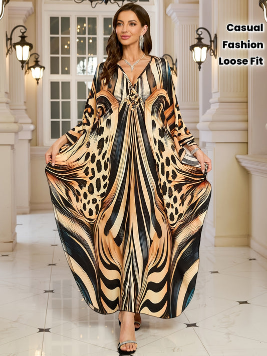 EDOLYNSA Women's Deep V-Neck Leopard Print Turkish Kaftan Dress - Long Sleeve Batwing Beach Cover-Up with Chest Ruching, Loose Fit Maxi for Resort Wear, Poolside & Casual Outings, Beach Dress, Summer Vacation Outfit, Batwing