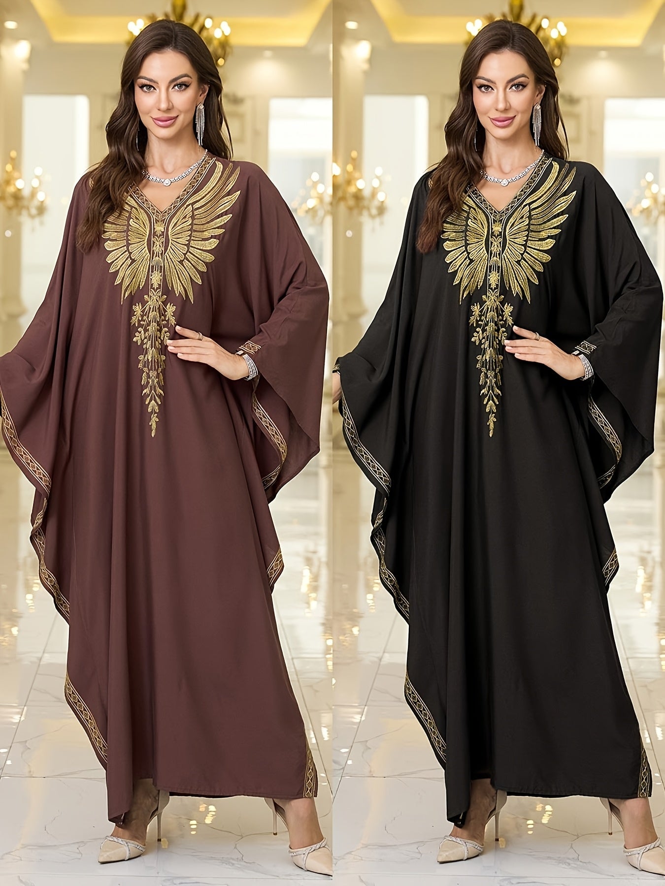 Women's Plus-Size Maxi Dress - Elegant Brown & Golden robe-like gown with Long Batwing Abaya Sleeves, Non-See-Through Formal/Beach/Evening Dress for Women