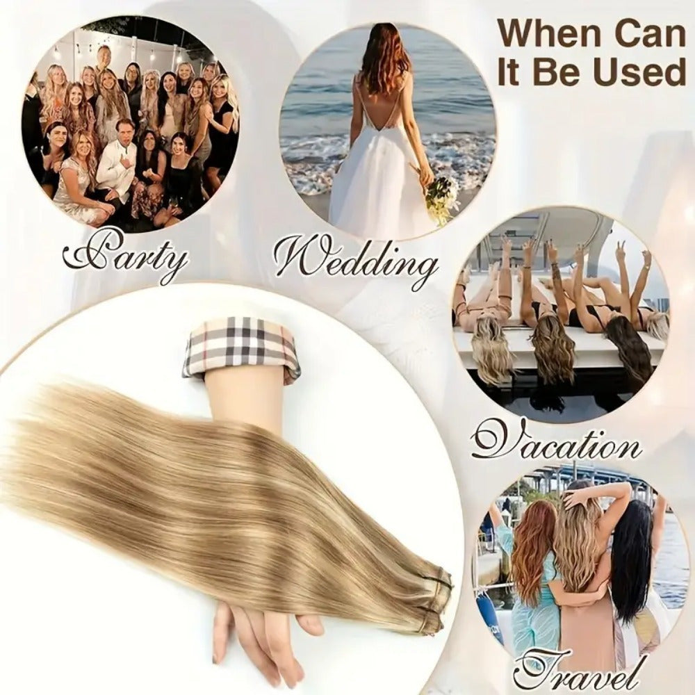 Set of 8pcs of Straight Human Hair Extensions with Double Weft, Featuring 18 Clips, Available in Lengths from 8 to 26 Inches, Color #12P613