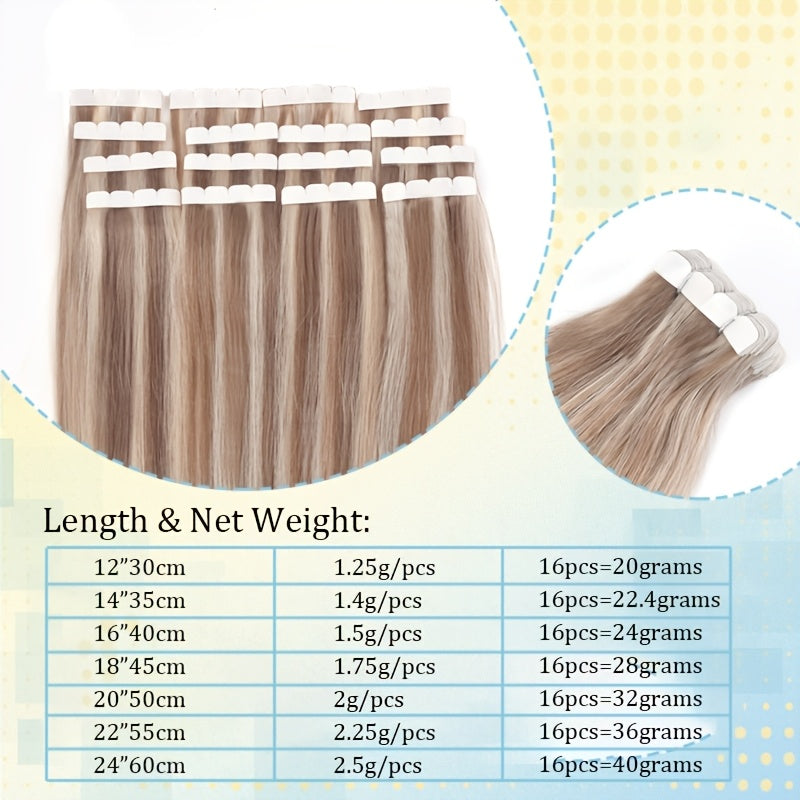 16 Packs Mini Tape In Hair Extensions Human Hair - Looking Seamless Clip-In for short hair, 12-24 Inch Lengths, Straight for Caucasian Women, Volume & Length Addition (Mini Tape System)