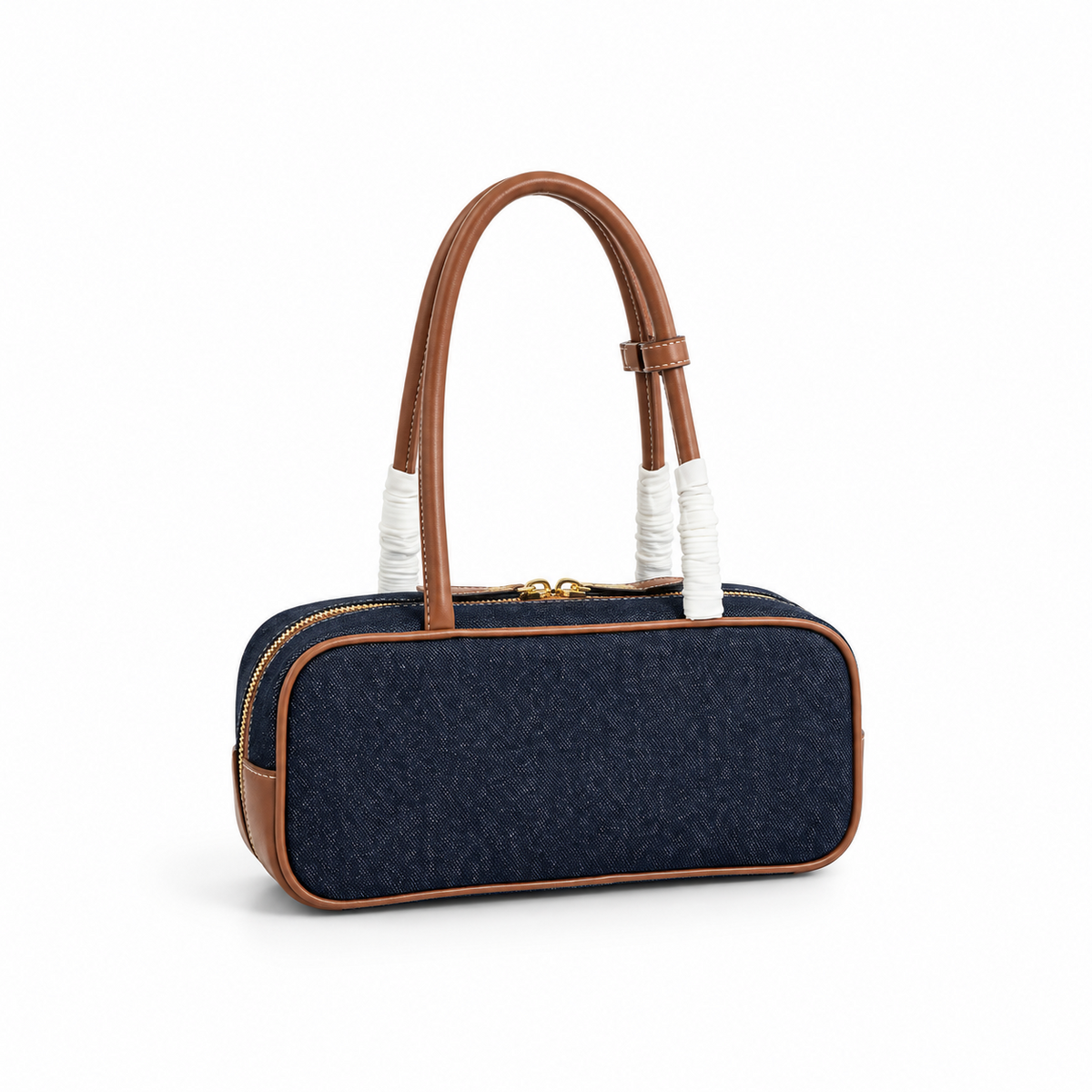 Elegant Denim Leather Double Zip Shoulder Bag