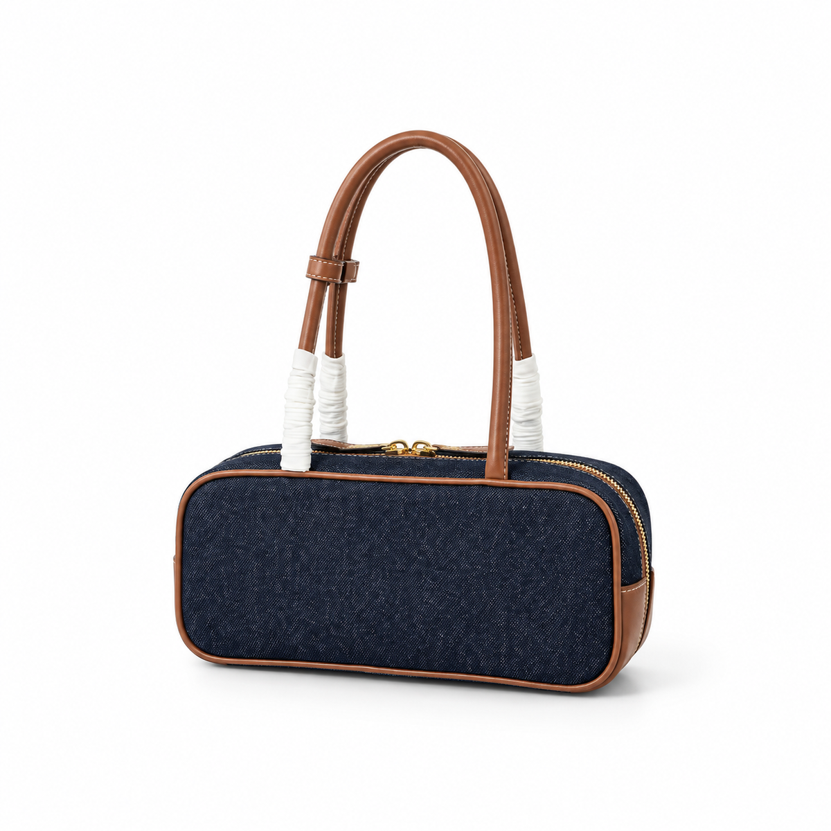 Elegant Denim Leather Double Zip Shoulder Bag