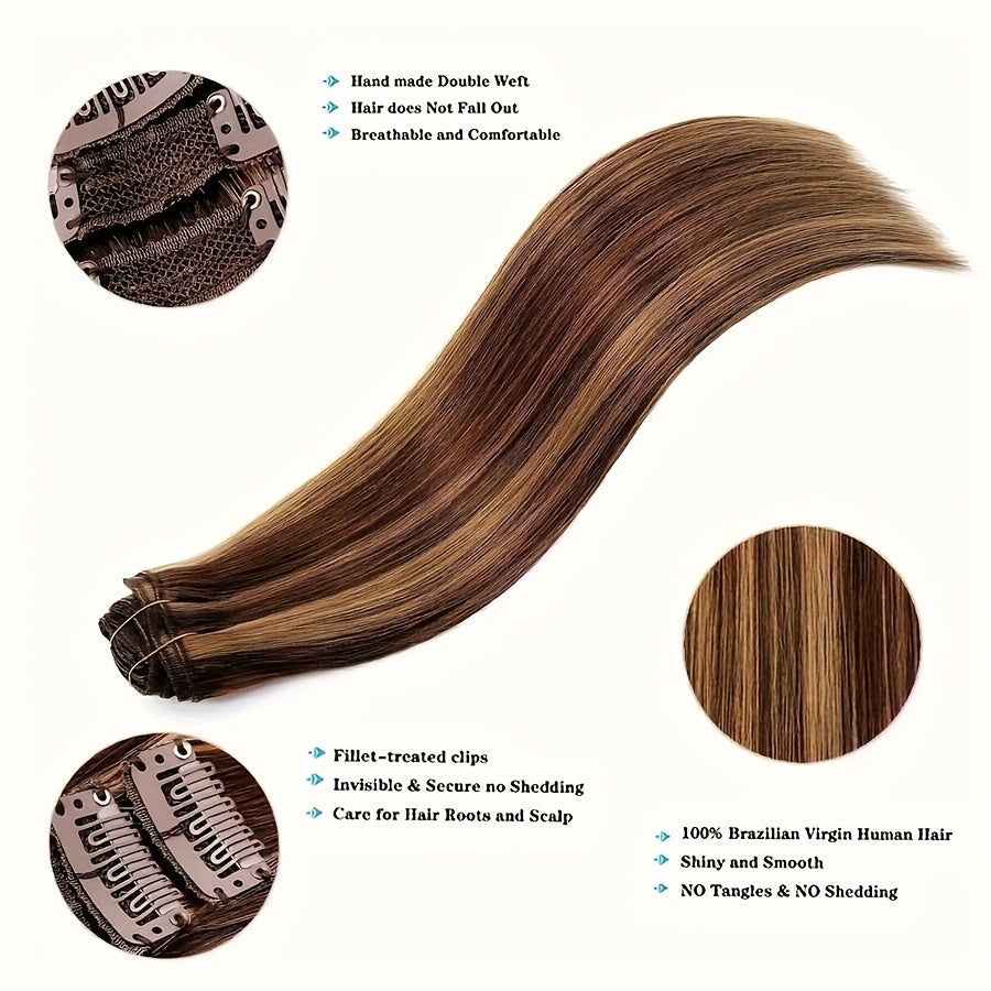 8pcs Brazilian 100% Human Hair Hair Extensions with 18 Clips In - #4/27 Highlight Straight Hair Suitable for Women, Highlights, Volume & Length, 4/27 Color Match for Afro Hair