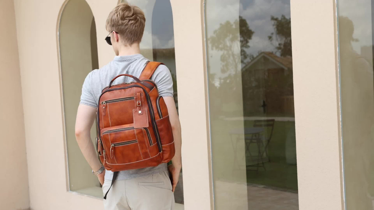 Vintage Genuine Leather Laptop Bag for Men, 15.6" Laptop Compatible, Large Capacity 6.34gal Rucksack with Multiple Zippered Pockets