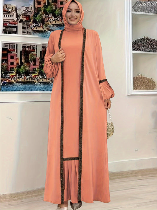 Abaya Contrast Trim Elegant Two Piece Set, Ruffle Hem Tank Dress & Lantern Sleeve Open Front Cardigan Outfits, Women's Clothing