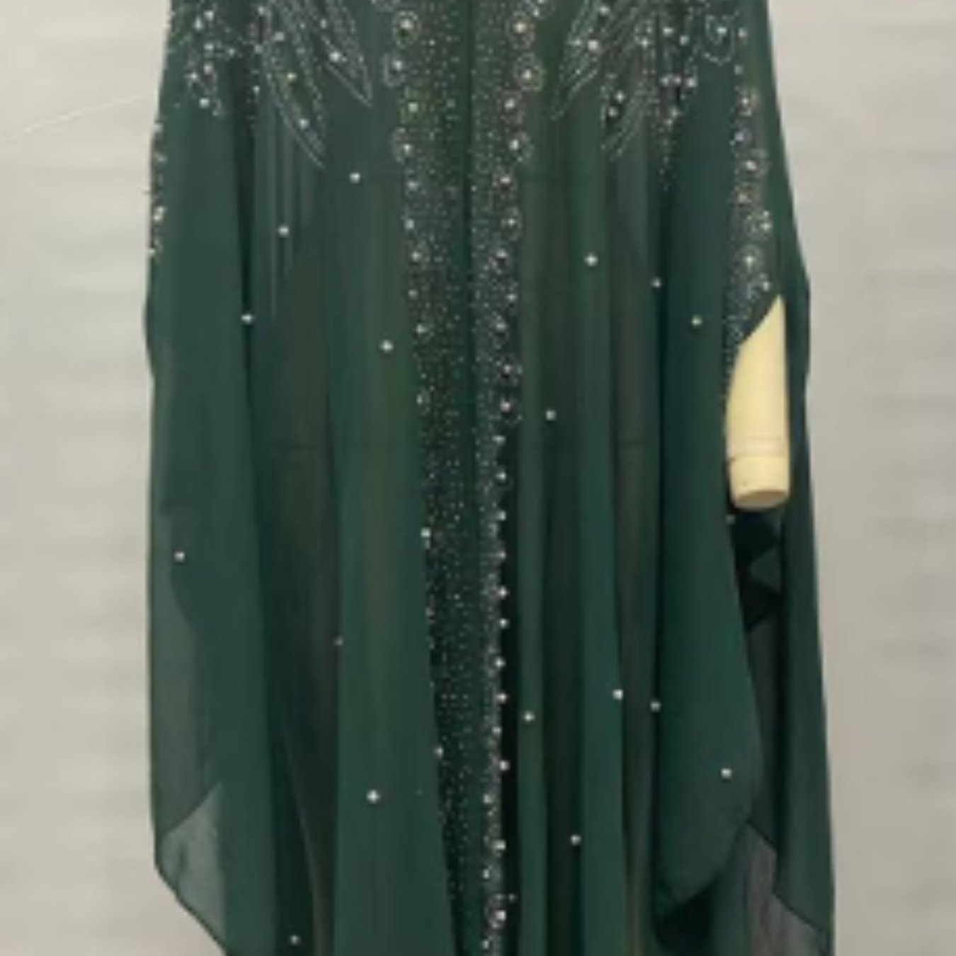 Women's Elegant Long Kaftan Dress with Bat Sleeves & Hooded Rhinestone Cape Abaya - Loose Fit Sheer Polyester Arab-Inspired Gown for All Seasons, Machine Washable