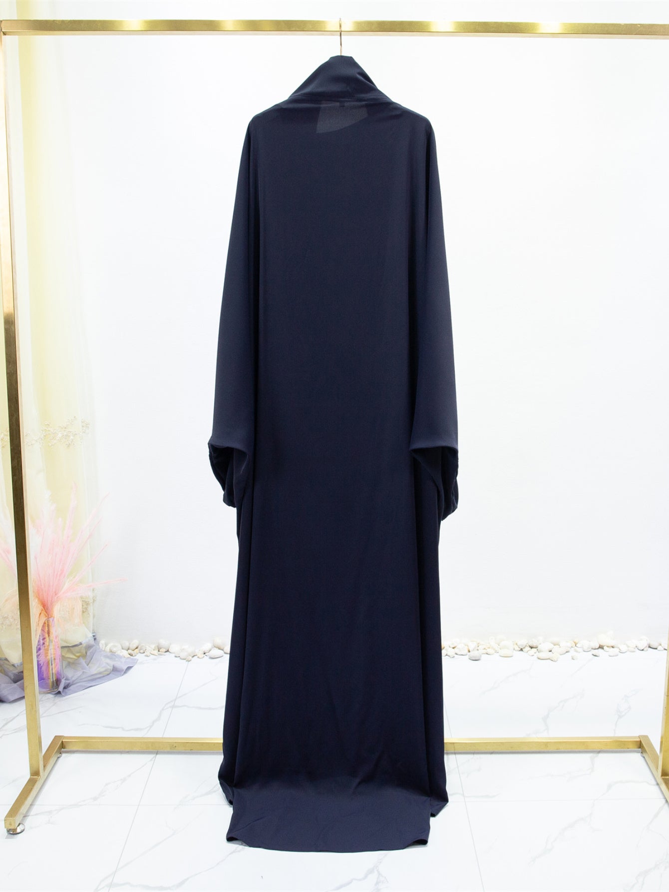 Elegant Solid Black Baju Abaya Prayer Dress - Loose Fit Batwing Sleeves Long Sleeve Ramadan Abaya with Hijab Headscarf, Traditional Middle Eastern All-Season Long Robe for Women