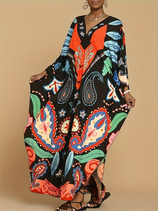 Plus Size Women's Elegant Butterfly Print Abaya Dress - Long Sleeve Loose Fit Turkish Beach Cover Up, Mid-Length H-Line Swimsuit Coverup with Slit Details, Hand Washable for Poolside & Festive Occasions, Bathing Suit Cover