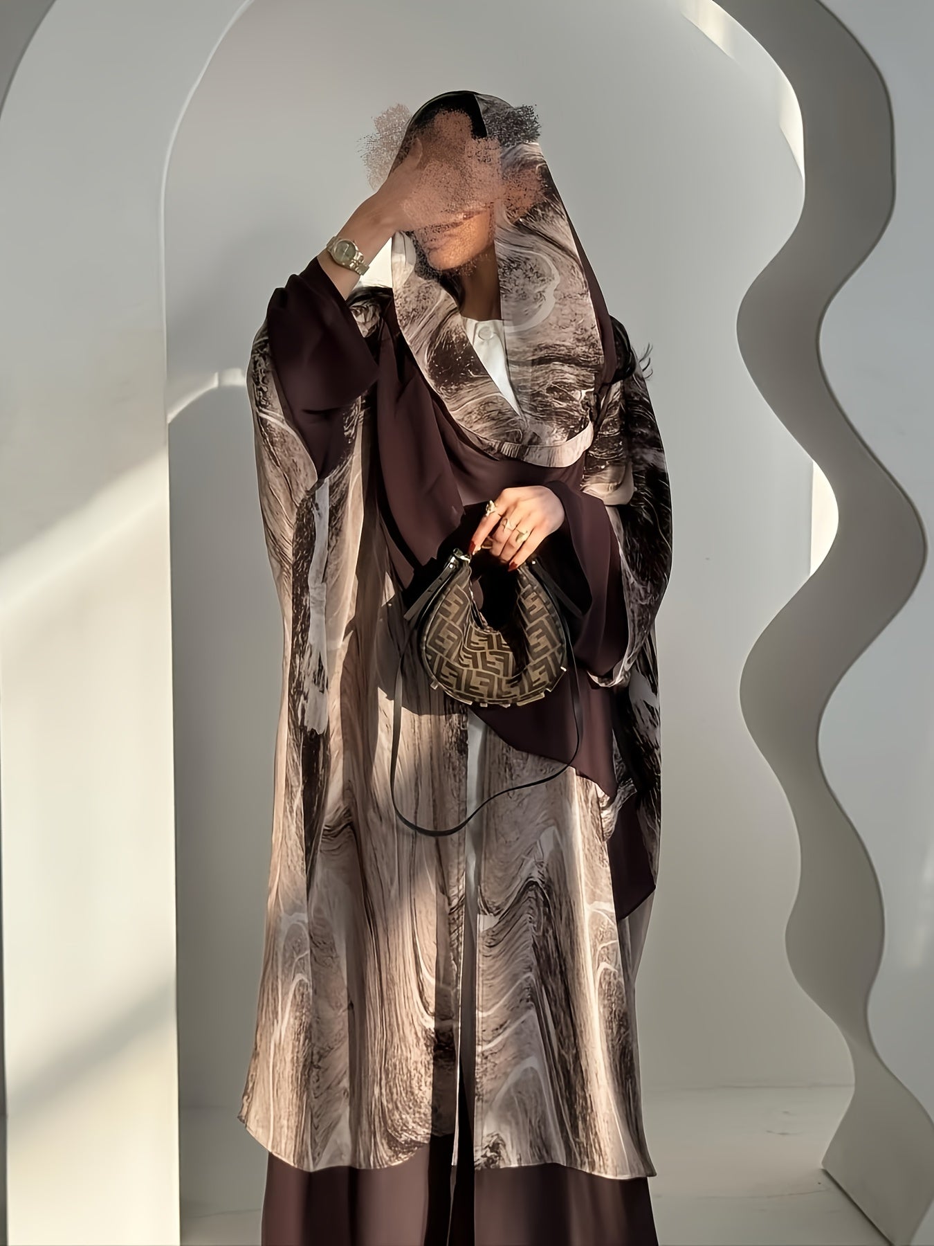 Elegant Brown Floral Print Abaya with Headscarf - Stylish Loose Fit, Long Sleeve, Button-Up Cardigan for Women, Perfect for Casual or Formal Occasions, Casual Wear|Floral Print Abaya