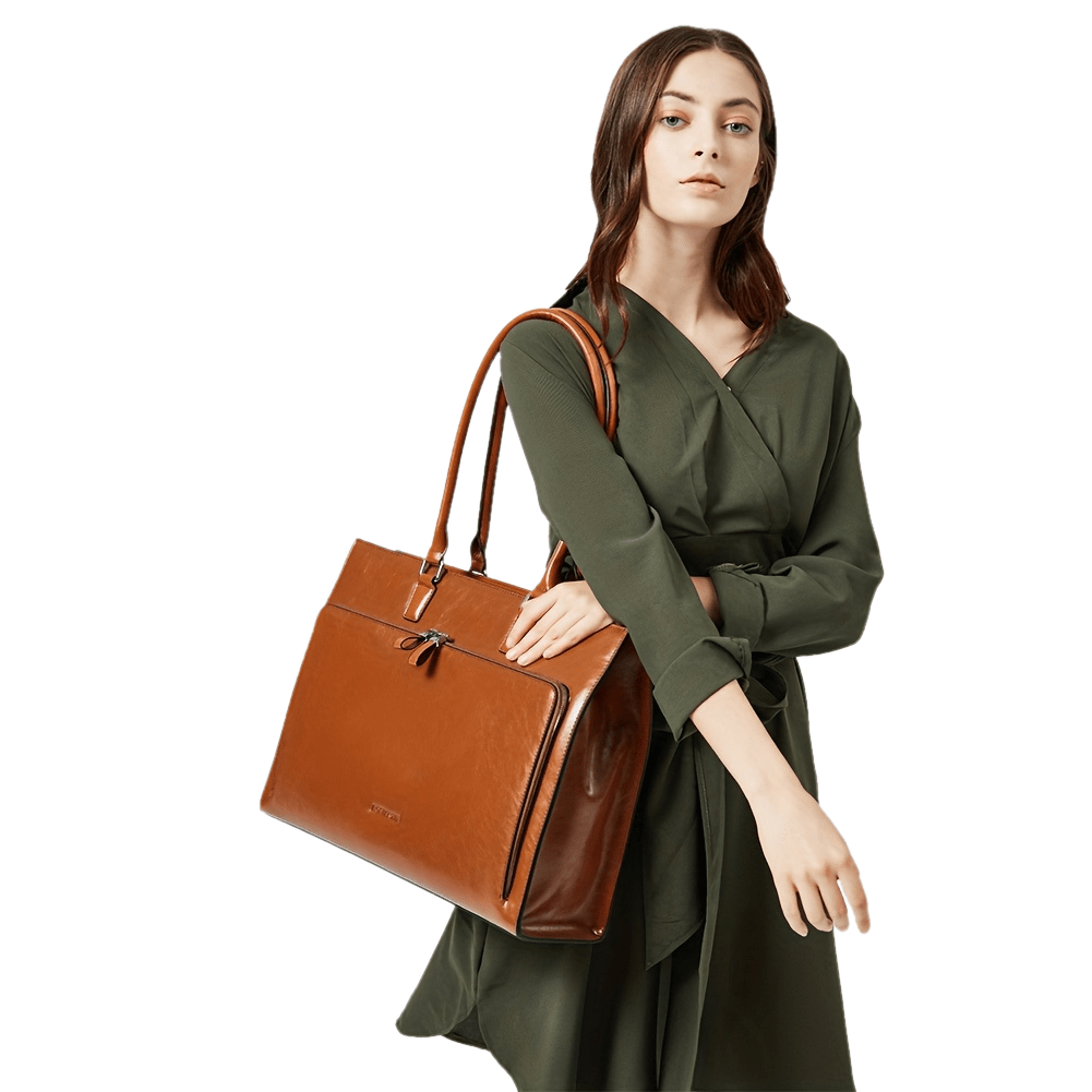 15.6 inch Leather Briefcase for Women Vintage Laptop Bag Brown Business Shoulder Handbag
